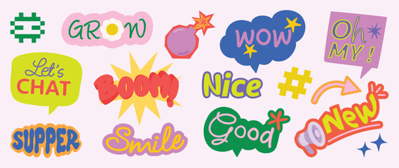 Fototapeta premium Speech bubble sticker vector set with retro typography, playful chat phrases, comic labels, arrows, splashes and cute doodle graphic elements