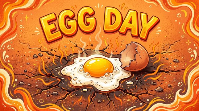 fried egg, cracked eggshell, orange flames, abstract art, surreal food