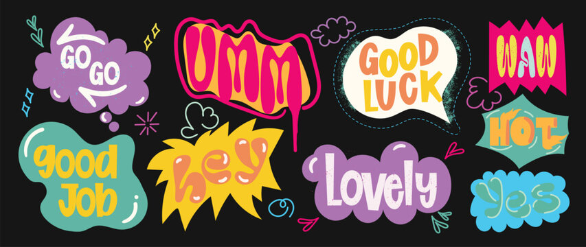 Speech bubble sticker vector set with colorful retro labels, playful typography, chat phrases, cute doodles and pop art graphic elements on dark background