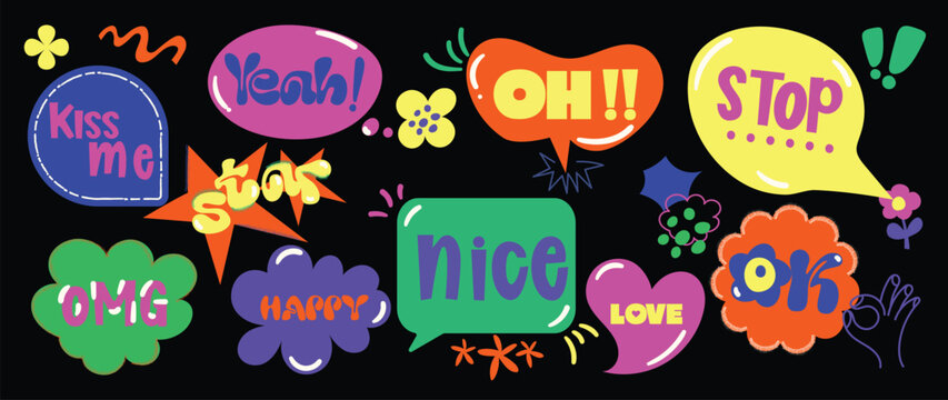 Speech bubble sticker vector set with colorful retro labels, playful typography, chat phrases, cute doodles and pop art graphic elements on dark background