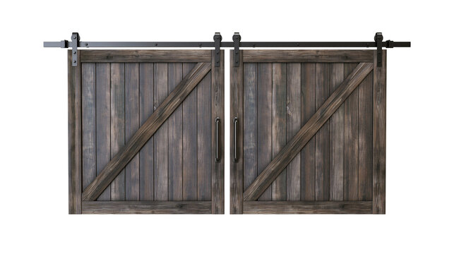 Rustic wooden barn doors with metal sliding track hardware