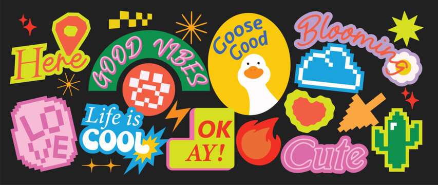 Speech bubble sticker vector set with colorful retro labels, playful typography, chat phrases, cute doodles and pop art graphic elements on dark background