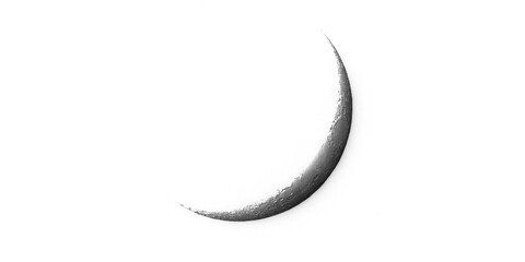 Slim Crescent Moon Sliver Isolated on White Background, Detailed Lunar Surface with Craters 3D Illustration for Space, Astronomy and Night Sky Design © oneday