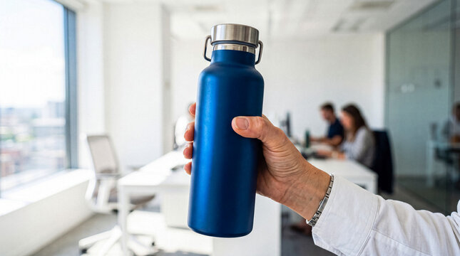 Close-up of a hand gripping a vibrant blue reusable water bottle in a dynamic, contemporary office environment.