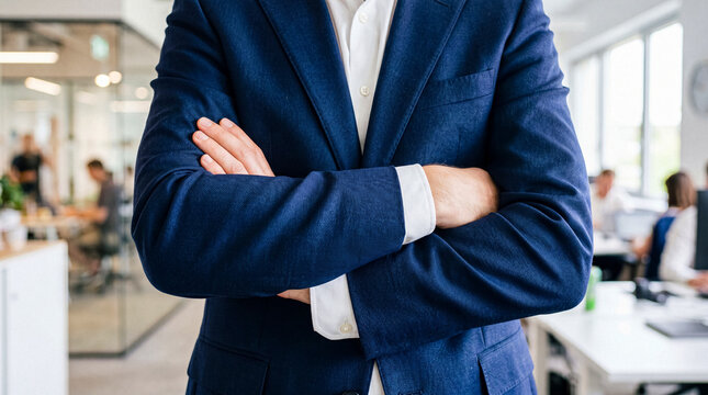 Powerful photograph of a confident businessman in a navy suit, arms crossed.