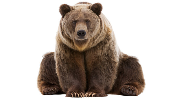 Large brown bear sitting facing forward with detailed fur and claws