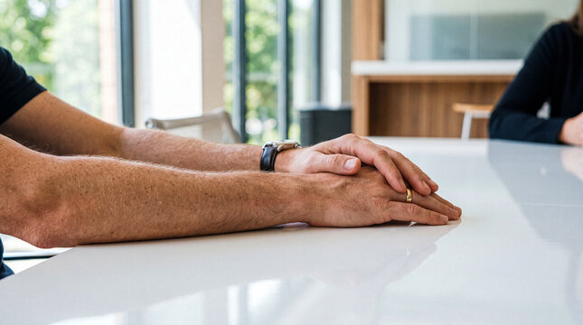 Photograph of a man's hands, with watch and ring, resting on a bright, reflective white table.
