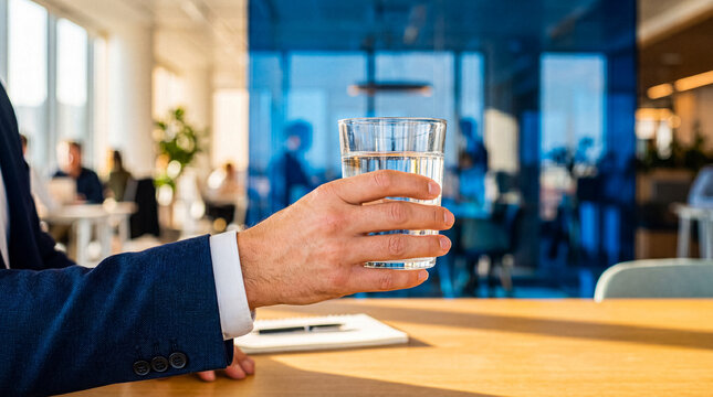 Close-up of a businessman's hand holding a glass of fresh water in a contemporary office environment.