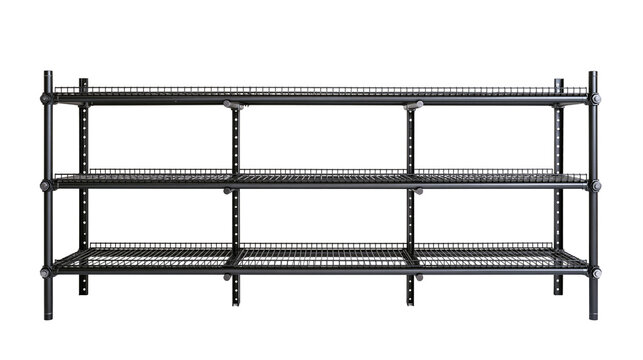 Black metal wire shelving unit with three tiers