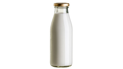 Glass bottle filled with white milk and golden cap