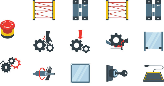 Industrial Machine Safety Icon Set with Emergency Stop Button, Safety Interlock, Light Curtain, Mechanical Guarding, Equipment Locking, and Workplace Protection Symbols