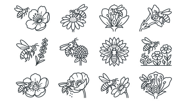 Floral garden bee line illustrations