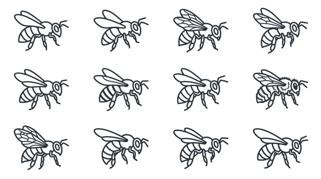Flying bee line icons in various motion poses.