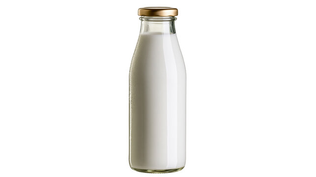 Glass bottle filled with white milk and golden cap