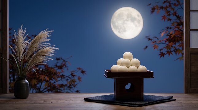 夜空に輝く大きな満月と月見団子のクローズアップ
｜Close-up of a large full moon and Tsukimi dumplings in the night sky