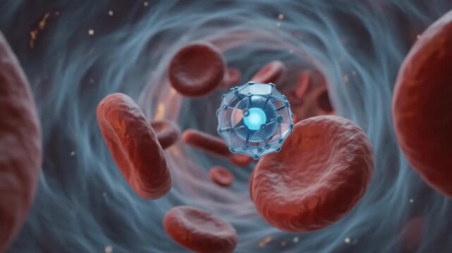 Nanomedicine animation illustrating drug delivery molecule transport through bloodstream with red blood cell interaction in biotech for advanced microscopic medical science vessel research
