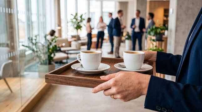A photograph of a server's hands holding a wooden tray with two white coffee cups in a modern office lobby.
