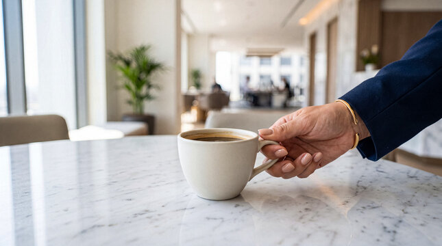 Woman's hand gracefully holding a white ceramic coffee mug on a pristine marble table in a contemporary office setting.