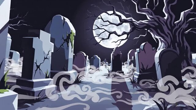 Vector illustration of a haunting misty graveyard at night with silhouettes of weathered tombstones, crooked iron gates, bare trees, and thick ground fog under a pale dim moon.