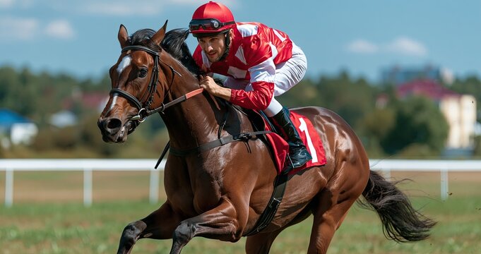 Thoroughbred horse galloping powerfully with jockey during an exciting horse race in bright daylight.