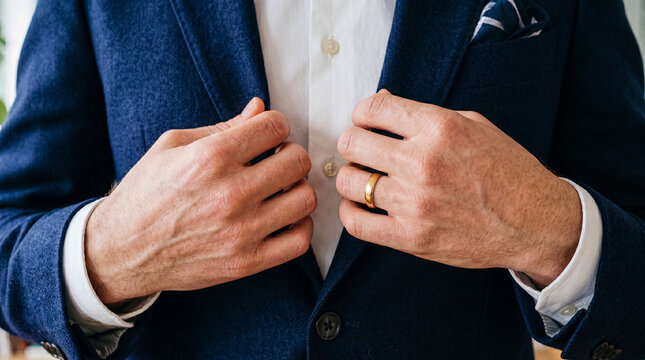 Professional man in a sharp blue suit with a white shirt, hands adjusting his lapels in a confident gesture.
