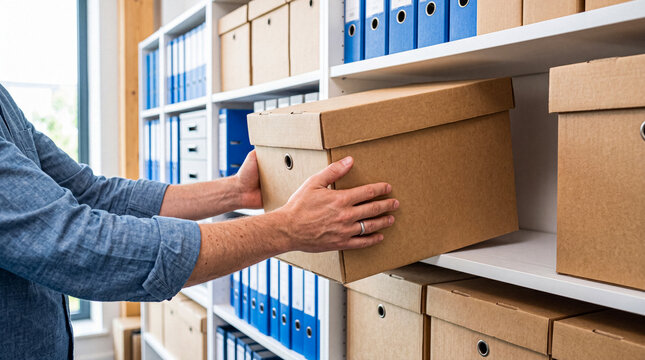 Man's hands carefully placing a brown cardboard archive box onto a white shelf in a well-organized office.