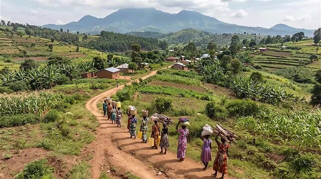 Aerial view. A group of women and girls carrying stuff on their heads, Mbale, Uganda
