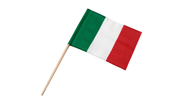 Small national flag of Italy waving on a thin stick isolated on transparent background cut out