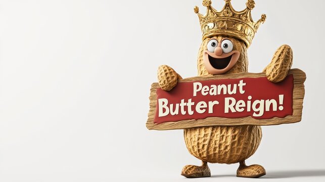 Cartoon peanut holding sign, proclaiming peanut butter reign