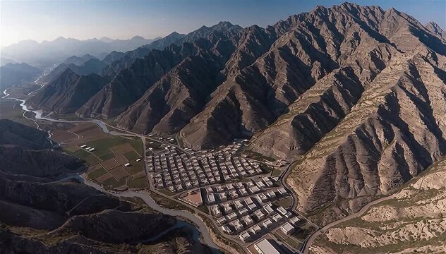 Aerial view of Hatta town aerial cityscape surrounded by Hajar mountains in Hatta enclave of Dubai in the United Arab Emirates.
