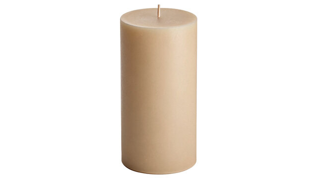 Thick plain beige paraffin wax pillar candle decoration isolated on transparent background cut out