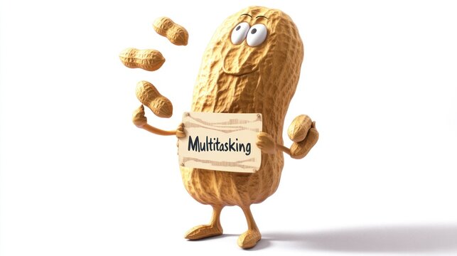 Cartoon peanut juggling peanuts, multitasking concept, isolated