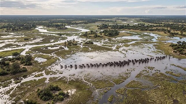 High aerial shot focusing on herd of elephant in the distance traversing watery flood plain.
