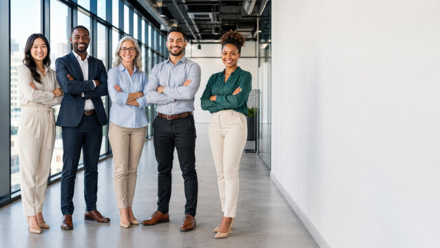 A diverse group of five professionals stands confidently in a modern office space with large windows. They are dressed in business attire, showcasing teamwork and collaboration.