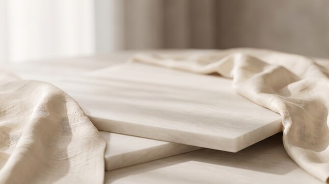 Minimalist marble podium slabs with draped linen cloth and window shadow play
