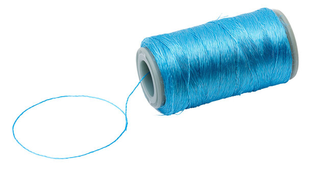 Blue thread spool with loose strand