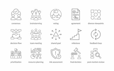 Fototapeta premium Business process management workflow icons set for teamwork and communication tools