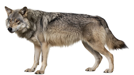 Obraz premium Gray wolf standing profile view with detailed fur texture