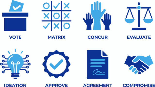 Blue icons for business and decision making concepts on white background