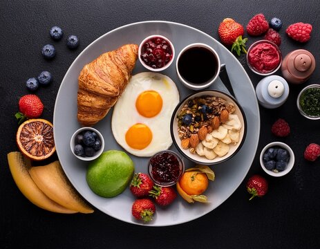 top view of a continental breakfast with lots of color on a dark background concept breakfast and energy