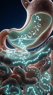 3d animation human digestive system showing glp 1 treatment effect with glowing particles moving through stomach and intestines detailed medical visualization highlighting biological function
