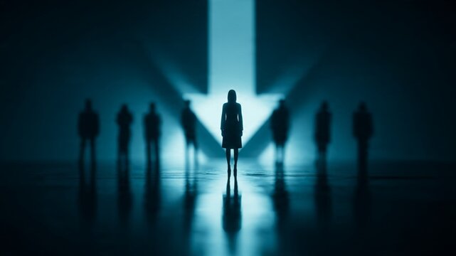 Silhouette of Businesswoman Standing in Front of Large Glowing Downward Arrow Representing Financial Crisis, Economic Recession or Market Decline.