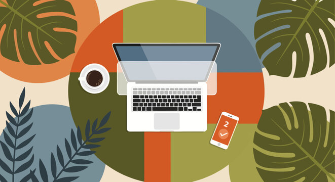 Flat lay illustration of a laptop and coffee cup on a colorful desk