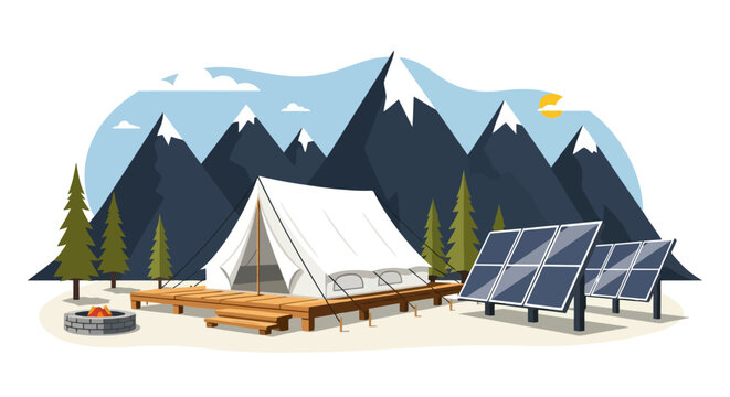 Glamping tent setup with fire pit and mountains in a natural campsite. Vector illustration.