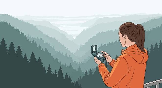 Minimalist vector of pine trees in a misty mountain forest landscape.