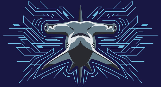 Stylized hammerhead shark head in modern vector art with futuristic blue lines.