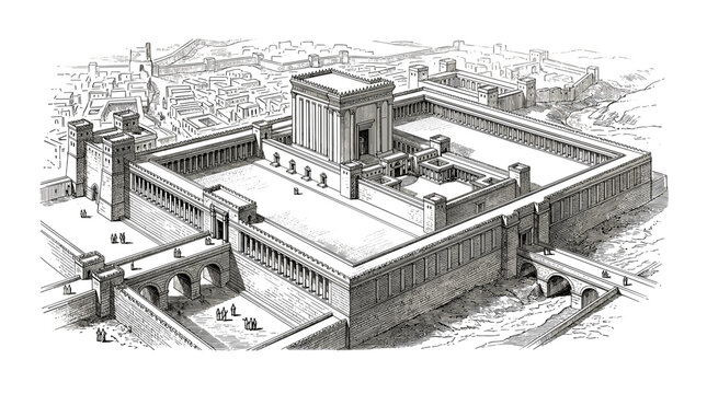 Historical reconstruction of the Second Temple of Jerusalem (Herod's Temple). Vintage architectural engraving style illustration. Generative AI
