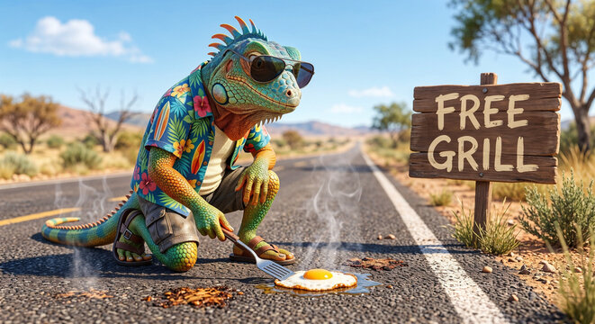 Cool anthropomorphic lizard with playful mood frying an egg on steaming asphalt while wearing sunglasses and a tropical shirt with FREE GRILL sign against sunny roadside background