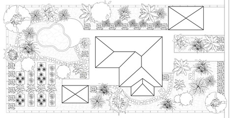 Naklejka premium Top view landscape design plan with house, courtyard, lawn. Black and white highly detailed plan of country with modern cottage, villa with garden. Vector blueprint Cityscape, Map of town, village