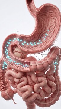 3d human digestive system animation showing glp 1 treatment effect with blue particles inside stomach and intestines illustrating detailed anatomical structure glowing markers medical process health